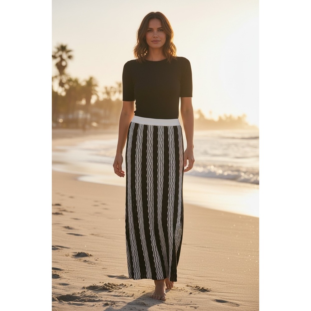 Misook Maxi Skirt Womens Large Black White Wave Pointelle Knit Striped Long